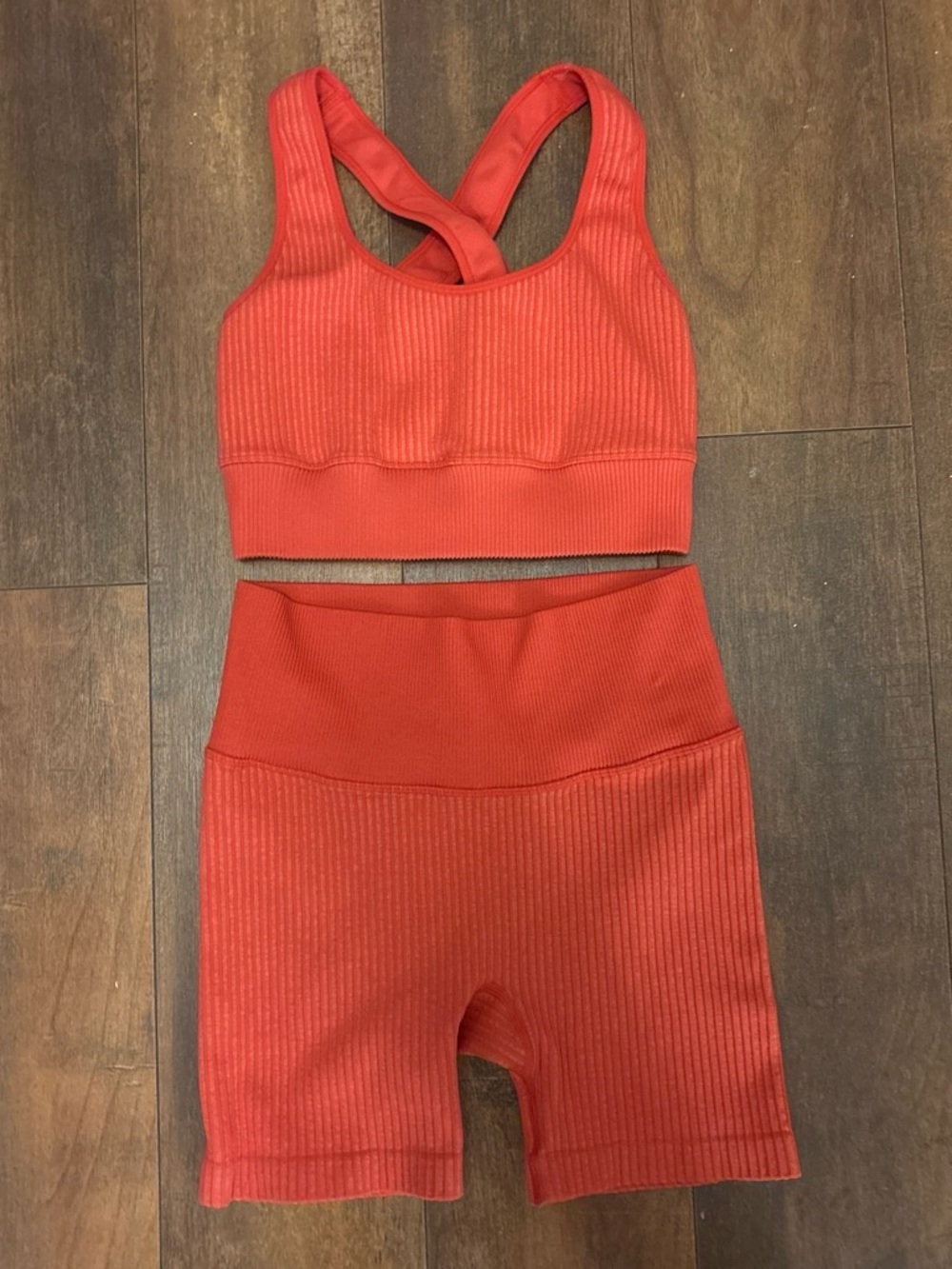 JoyLab Ribbed Orange Cross-Back Sports Bra & High-Waist Shorts Set